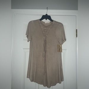 Andree Taupe Lace Up Front Top - S